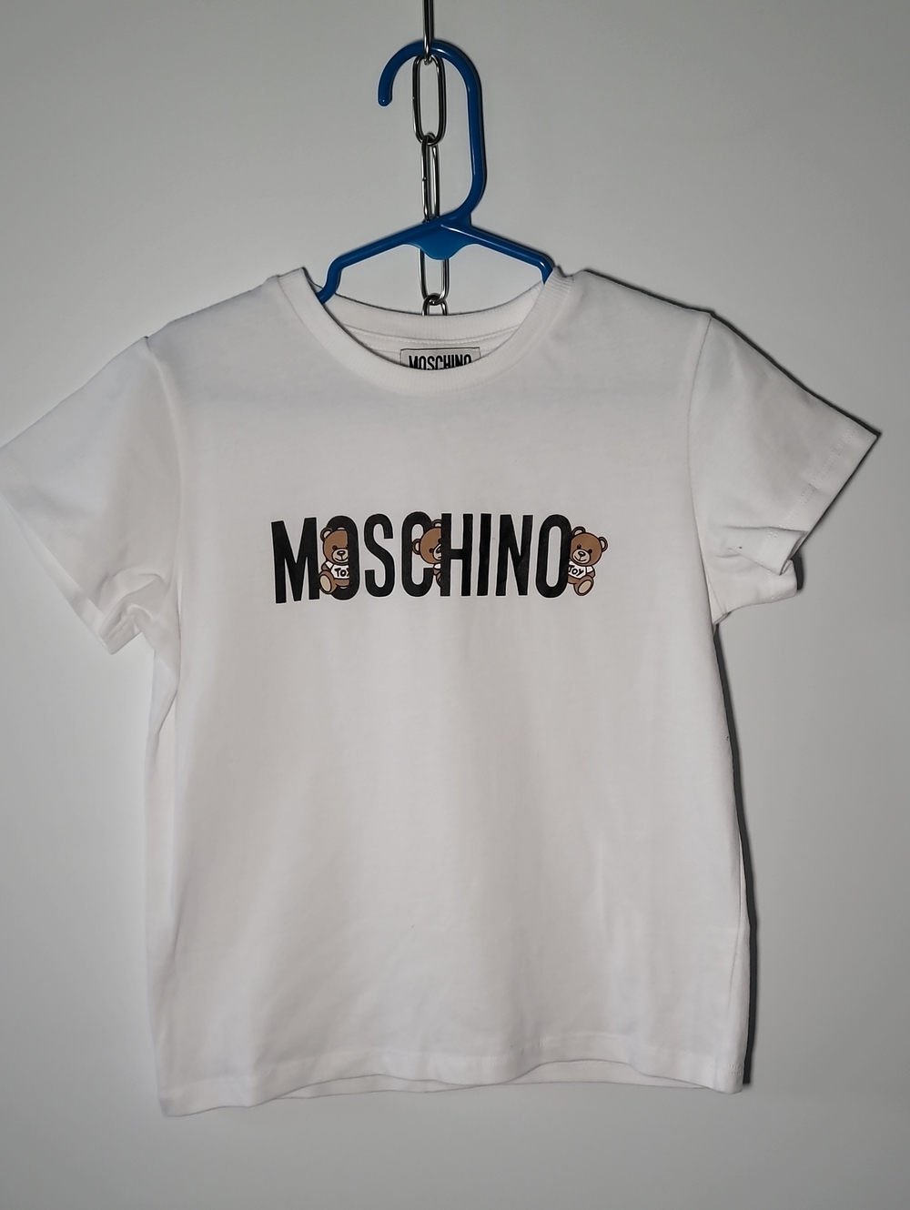 Moschino White Tee with Black Logo and Brown Teddy Accents